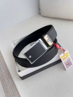 1:1  Montblanc Black Leather Belt with Silver Logo Buckle Plate Buckle 3.5cm